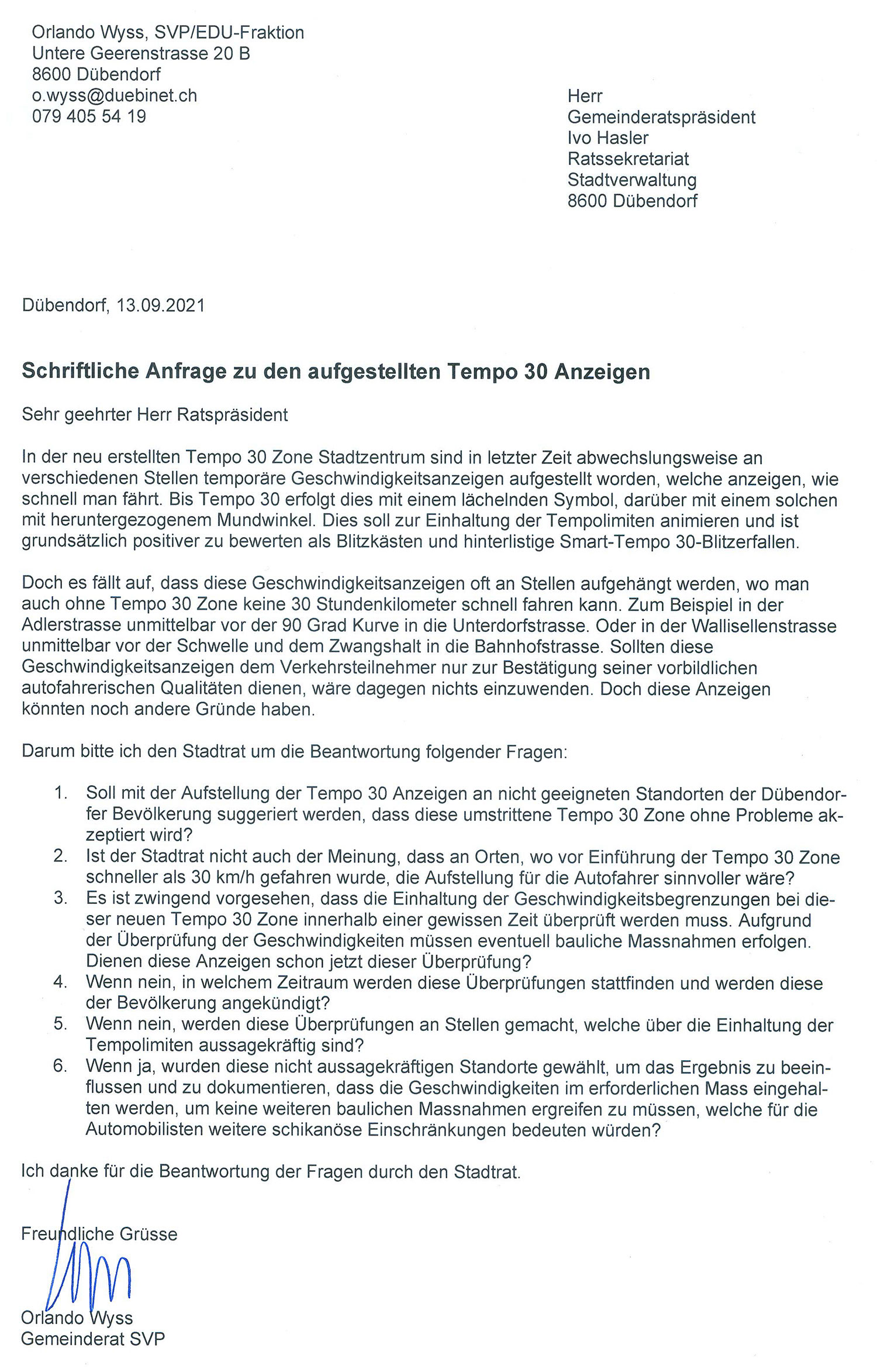 schriftliche Anfrage Tempo30